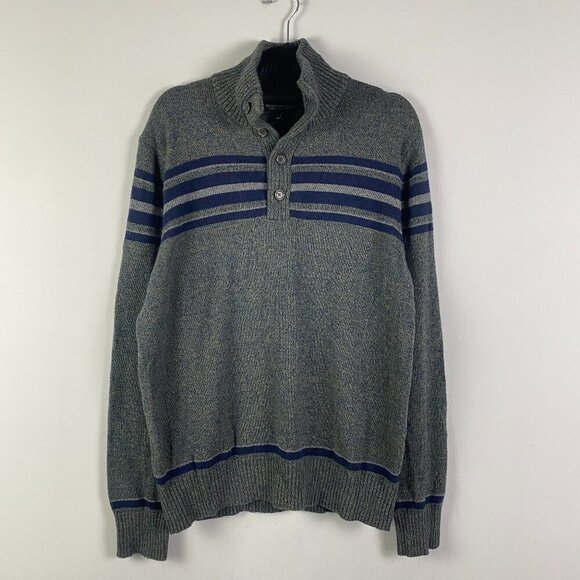 Banana Republic Merino Wool Mock Button Neck Sweater Size L Gray Navy Stripe - Picture 1 of 10